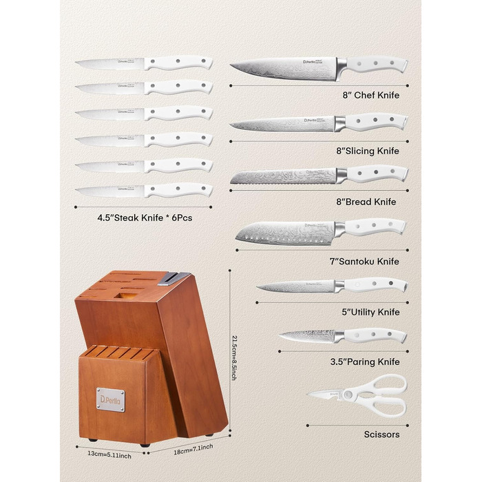 D.Perlla 14-Piece Self-Sharpening Knife Block Set - Professional Stainless Steel Kitchen Knife Set with Plastic Handle & Wooden Block (Brown)