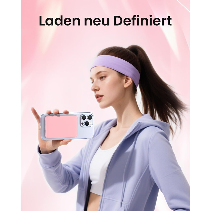 Power Bank Riapow 10000mAh з бездротовою зарядкою, PD 20W, USB-C, LED-індикатор (Рожевий)