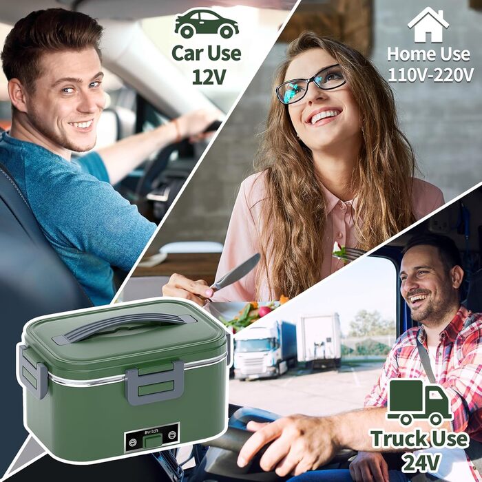 Electric Lunch Box 100W, 3-in-1 Portable Heated Lunch Box, Removable Stainless Steel Lunch Container, 12V/24V/220V Insulated Food Warmer for Car/Truck/Office, with Insulated Bag and Sponge (Green, 1.8 L)