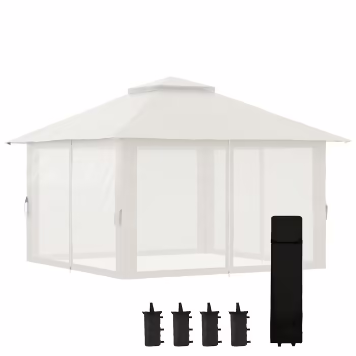 Outsunny Pop-Up Gazebo 4x4 m with 4 Mosquito Nets, Adjustable Height, UV Protection, Double Roof, Carry Bag, Cream White for Garden & Events