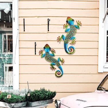 HONGLAND Metal Gecko Wall Decoration, Lizard, Garden Art, Colorful Glass Sculpture for Hanging, for Indoor and Outdoor Use, Patio, Fence (Symphony), 2 Pieces