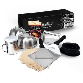 Набір для приготування бургерів DREIBERG® з нержавіючої сталі (9 предметів): шпатель, дзвоники для плавлення сиру, прес, сматчер, дозатор спецій, рецепти та папір для випікання