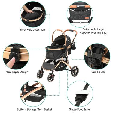 YITAHOME 3-in-1 Dog Stroller & Cat Carrier - Folding Pet Buggy for Dogs up to 20kg - Black