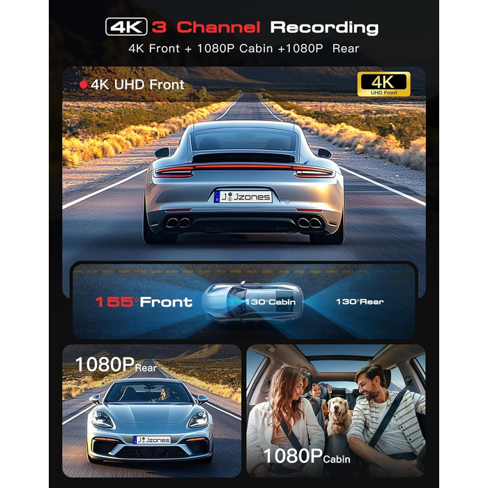 Відеореєстратор Jzones з GPS, WiFi, 4K+1080P, потрійна камера (передня, задня, внутрішня), 64GB SD, G-сенсор, нічне бачення, паркувальний режим, керування через додаток