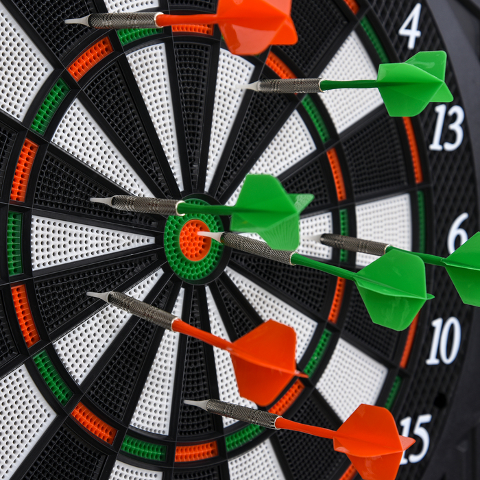 HOMCOM Електронна дартс-дошка Dartboard з дверцятами, 216 ігор, в комплекті 4 світлодіодних індикатори, 12 дротиків для до 8 гравців, ABS PP, 49x54,6x5,5 см