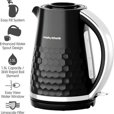 Електричний чайник Morphy Richards Hive, 1.5 л, чорний, з фільтром від накипу, 3 kW