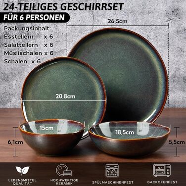 Сервіз Joyfair на 6 осіб, 24 предмети, кераміка, реактивний Tundra Green