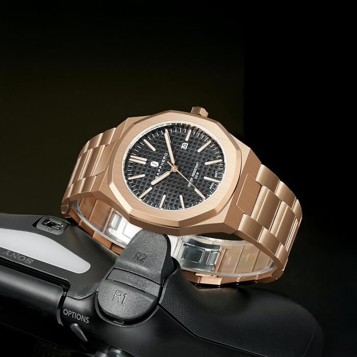 Годинник SAPPHERO чоловічий з нержавіючої сталі, 50M водостійкий, класичний, кварцовий з календарем. Елегантний подарунок для чоловіків (браслет рожевого золота / чорний циферблат)