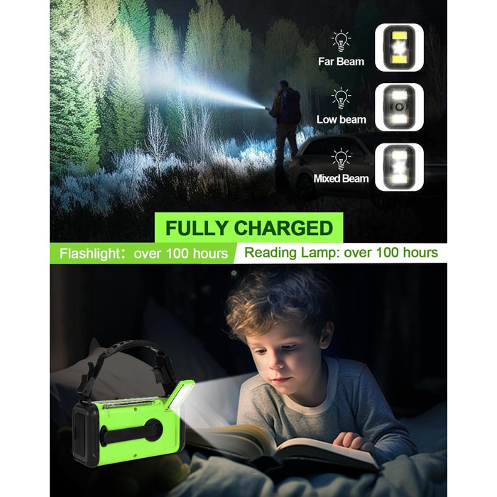 Сонячне радіо Kurbelradio з Powerbank 20000mAh, AM/FM/WB радіо, ліхтарик, зарядний пристрій USB-C, SOS-сигнал, компас, водонепроникне для відпочинку на природі, кемпінгу, екстрених ситуацій, зелений світло-зелений