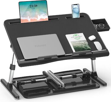 Стіл для ноутбука Potuopy з регульованою висотою та кутом нахилу, складний, великий розмір (60*40 см), чорний, з еко-деревом для роботи, читання та їжі на ліжку/дивані