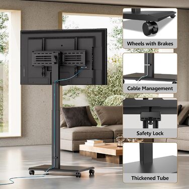 FITUEYES Mobile TV Stand - Rolling TV Cart for 32-75 inch Plasma/LCD/LED TVs - Height Adjustable, Swivel & Tilt, up to 40kg, VESA 600x400mm (Black)