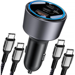 Автомобільний зарядний пристрій USB-C 200W, 3 порти, з прикурювача, з двома кабелями 100W, для iPhone 16/15/14/13, MacBook Pro/Air, Surface, Galaxy S24, чорний