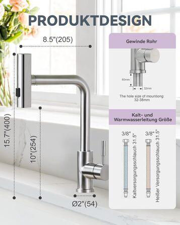 Кухонний змішувач iVIGA висувний з дозатором, водоспад, 360° поворот, 3 режими, щіткова нікель, T-подібний