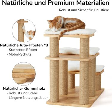 Сходинки для собак FUKUMARU, 3 сходинки, для домашніх тварин, з натурального гумового дерева та джуту, регульована висота 18-51 см, витримує до 90 кг, знімний м'який килимок, 6 варіантів комбінації, білий килимок