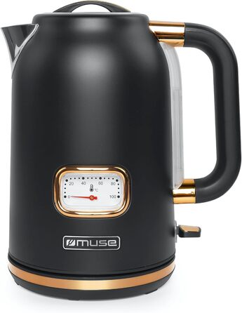 Чайник електричний зі сталі нержавіючої, ретро-дизайн, з аналоговим термометром, фільтром, прозорою шкалою, об'єм 1,7 л, автоматичне вимкнення, матовий чорно-золотий (MS-030 BC)