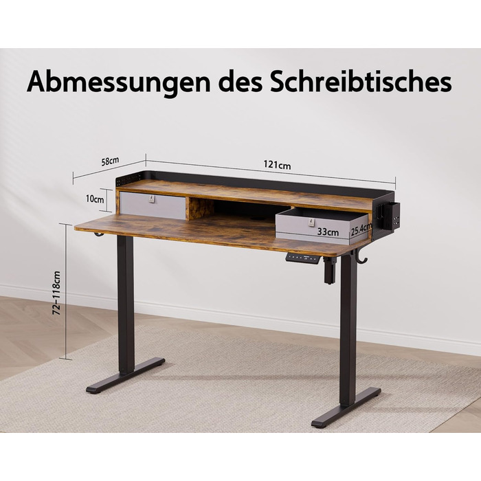Electric Standing Desk with Drawers - 120x60cm Adjustable Height Desk for Home Office & DIY Pegboard