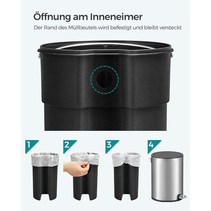 Смітник для ванної кімнати SONGMICS PARRI LTB11WT, сталевий з системою Soft-Close та виймаючою ємністю, 3 л, білий