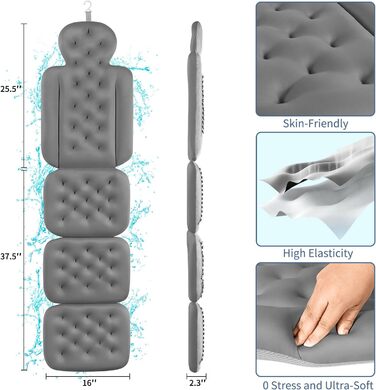 Подушка для ванни для всього тіла з 160 присосками, 129.5 x 40.6 см, сірого кольору. Підтримка голови та шиї, з мішком для білизни.