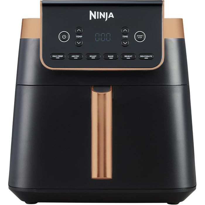 Ninja Air Fryer MAX PRO, 6.2 L, Oil-Free, Large Drawer, Roasting, Baking, Air Fry, Non-Stick Coated, Dishwasher-Safe Basket & Crisper Grate Insert, Silicone Tongs, Black/Copper, AF180EUCP Single 6.2L Copper/Black
