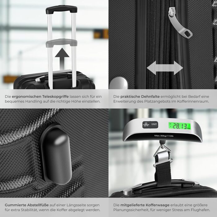 Набір валіз Tectake® 4 шт. з ABS-пластику, S-M-L-XL, з роликами, телескопічним ручками та замками, з ваговою та аксесуарами для валіз