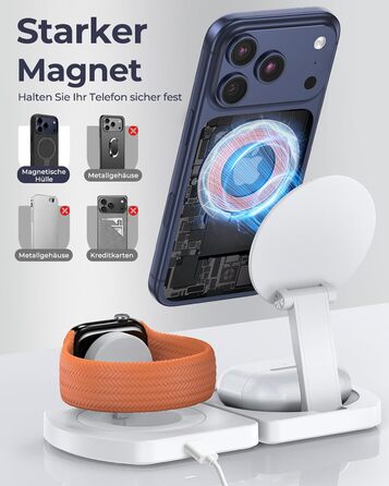 Бездротова зарядка Induktive для iPhone (MagSafe) 3-в-1: Apple Watch, AirPods, iPhone 17 Air/16/15/14/13/12 (Білий)