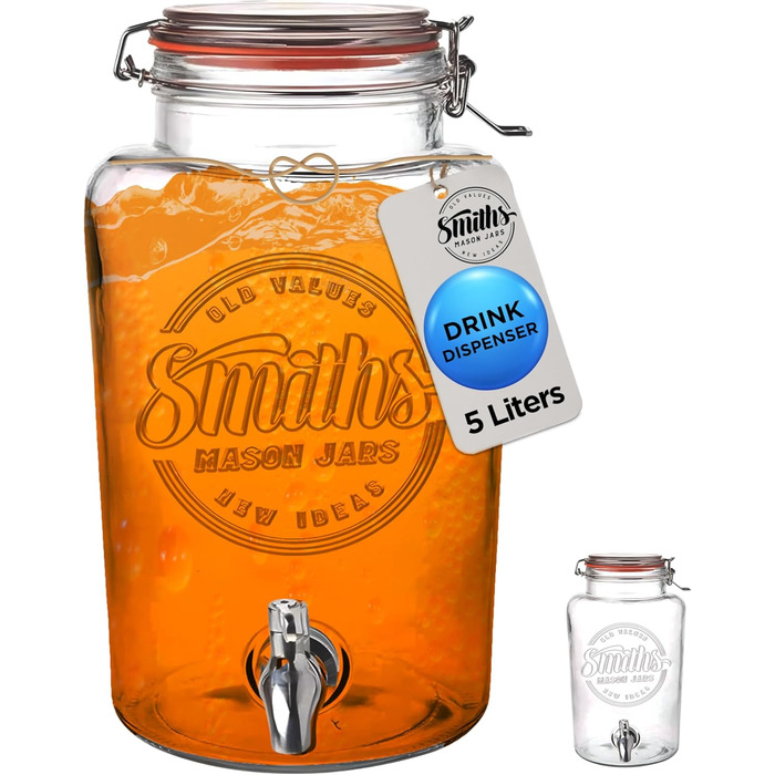 Скляна банка-диспенсер Smith's Mason Jars 5 л з нержавіючим краном, знімним фільтром, для лимонаду, напоїв, фруктів та трав