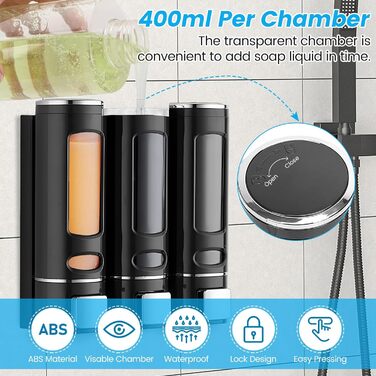 Дозатор для мила Qudubuy, 400 мл, 3 відсіки, настінний, для душу, шампуню, кондиціонера, без свердління, для ванної та кухні, велика місткість