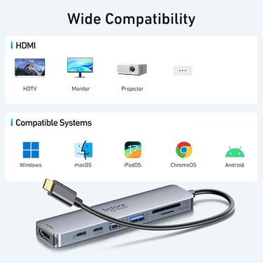 Док-станція для 2 моніторів, USB-C хаб 8 в 1: адаптер DisplayPort, HDMI, VGA, PD 100W, USB 2.0, для ноутбуків Dell, Thinkpad, Huawei