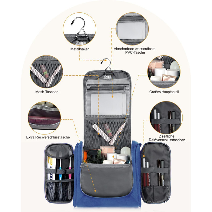 Чоловіча та жіноча косметичка для подорожей, водонепроникна, з гачком для підвішування, компактна, органайзер для косметики (Блакитна)