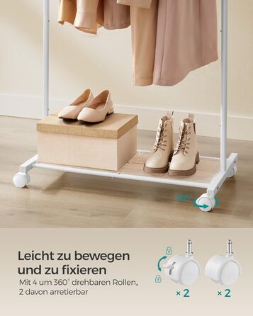 SONGMICS Clothes Rack, Rolling Garment Rack, Metal Wardrobe Stand, Rolling Wardrobe 91 cm wide, with Shelf, 2 Swivel Wheels with Brakes, Rod Loadable up to 40 kg, HSR025A01 (White, 74x40.5x158cm)