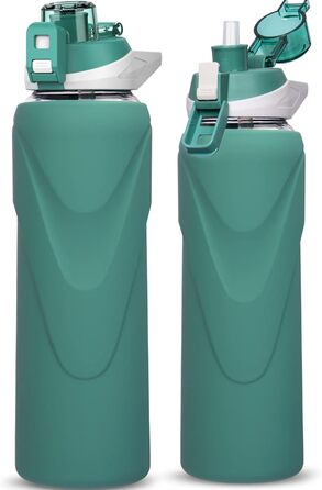 1 liter / 1l Drinking Bottle Glass with Straw BPA Free Glass Bottle with Silicone Sleeve Borosilicate Glass Water Bottle (Deep Green)