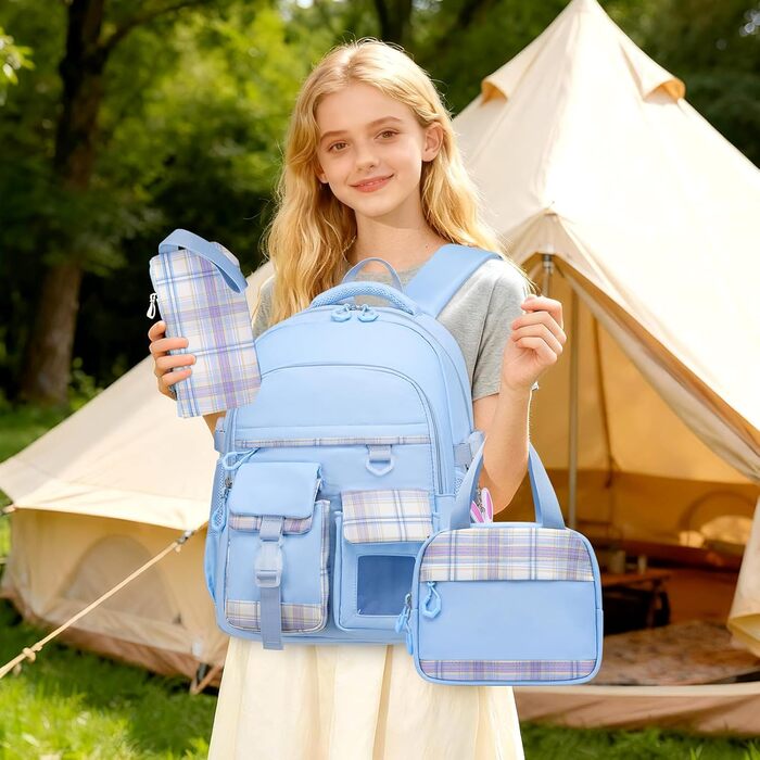 Шкільний рюкзак для дівчаток, водонепроникний та дихаючий, для 1-5 класів з відділенням для ноутбука, блакитний + ізольована ланч-сумка + пенал