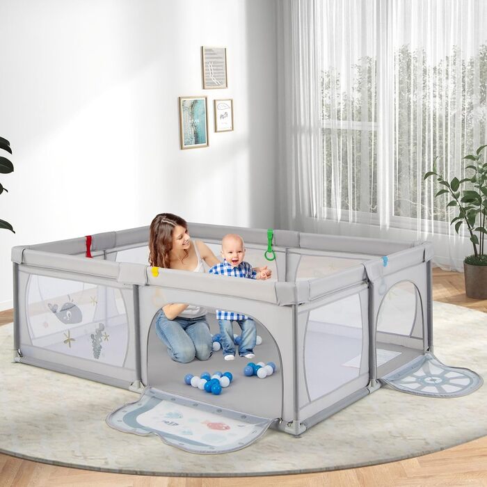 COSTWAY 205 x 147cm Playpen Baby foldable, Play Yard with 50 Balls, 2 Doors, Side Pocket, Breathable Mesh & Zipper, Playpen Tent for Infants & Toddlers (Gray-Fish) Gray-Fish Without Mattress