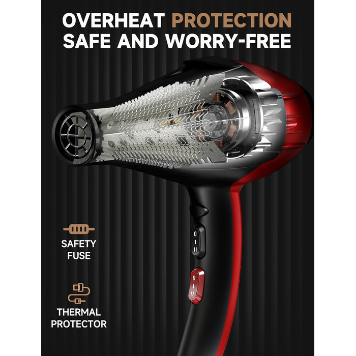 Професійний фен з іонізацією 2400W з AC-двигуном, з насадкою-дифузором, 40 млн негативних іонів, 3 режими температури, 2 швидкості, для салону краси та дому, чорний