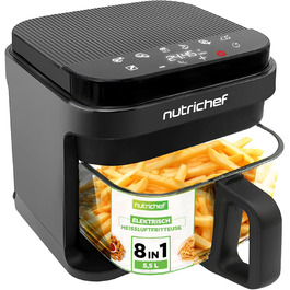 Фритюрниця NutriChef 5.5L біла – електрофритюрниця 8-в-1 з скляною чашею та LED-дисплеєм. Без олії, 360° циркуляція повітря. Для картоплі фрі, курки, овочів та іншого.