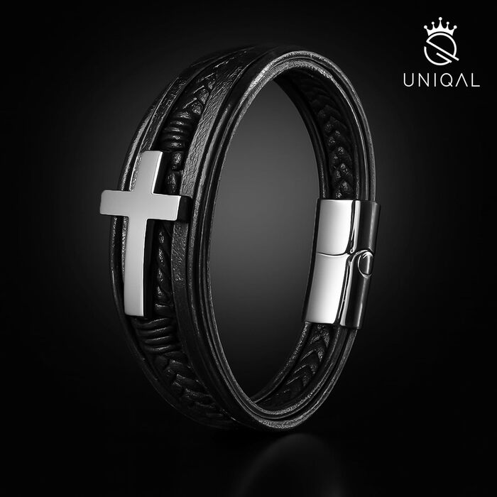 Браслет шкіряний чоловічий UNIQAL 'HEAVEN' з хрестом, магнітний замок, срібний, 21 см + подовжувач, в подарунковій коробці