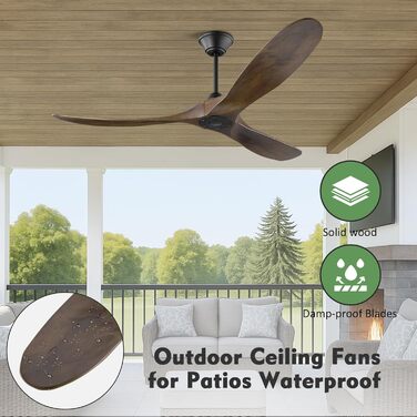 Дерев'яний стельовий вентилятор 152 см з дистанційним керуванням, 60 дюймів, 3 лопаті, DC-двигун, для дому та вулиці, таймер, коричневий
