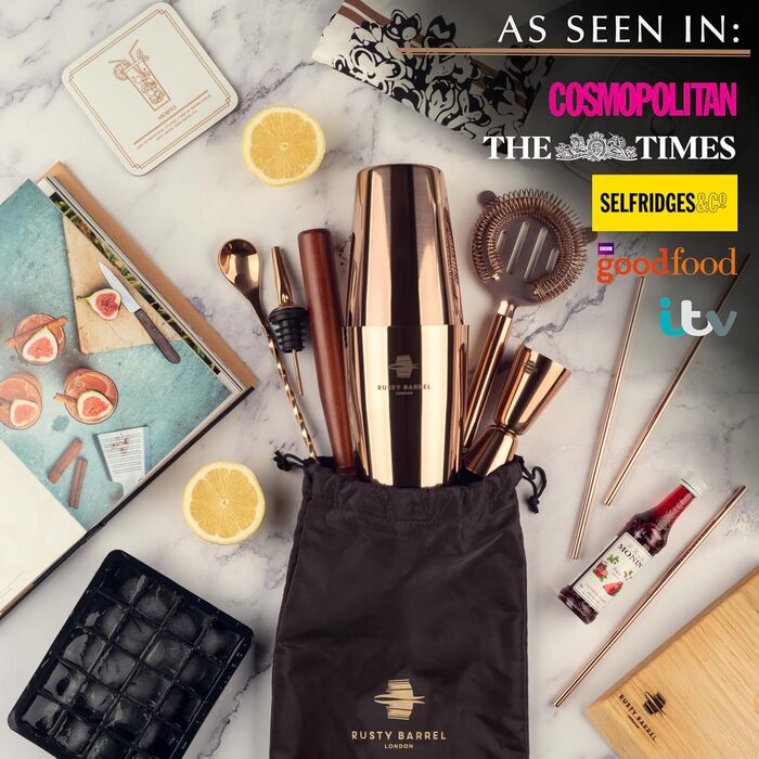 Belgravia Cocktail Set – Cocktail Shaker Set with Boston Stainless Steel Cocktail Shaker and Cocktail Accessories | Copper Cocktail Mix Set in a Luxurious Gift Box