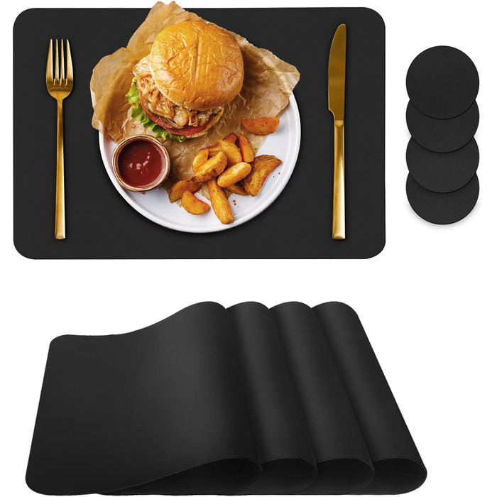 Placemat Set, 4 Pieces, Placemats with Coasters, Heat-Resistant, Scratch-Resistant, Non-Slip, Waterproof, Oil-Resistant, Washable, Wipeable, Kitchen Decoration and Kids (black, 4)