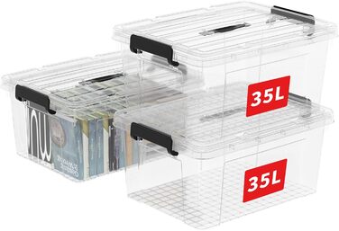 Cetomo Storage Boxes, Portable Plastic Boxes with Lids, Organizer Containers with Handles and Clips, Stackable, Nesting, for Home and Office, Transparent, 90L-3 Pack (35L*3)