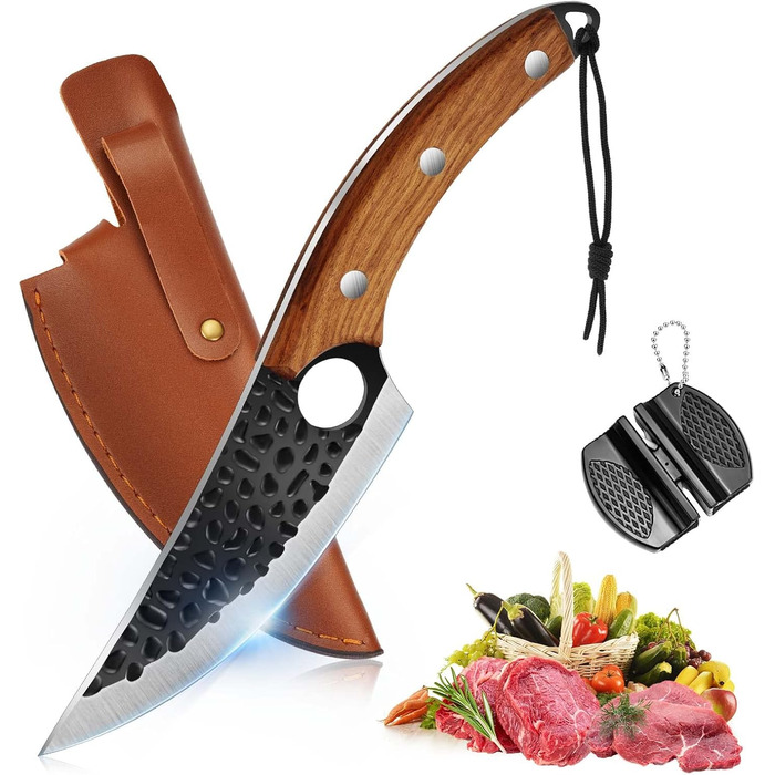 Ніж кухарський OOKUU, м'ясний тесак з точилкою та шкіряною піхвою, професійний ніж для обвалювання, гострі кухарські ножі в японському стилі, тесак для кухні на відкритому повітрі