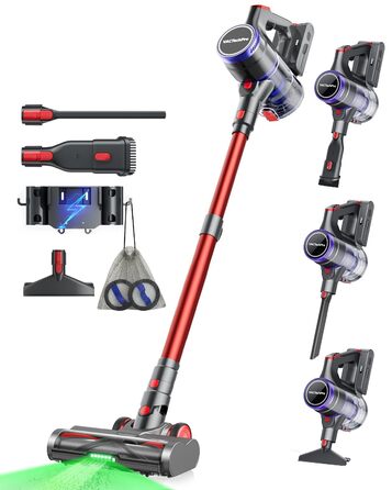 Бездротовий пилосос 48000Pa/550W з акумулятором, 70 хвилин роботи, об'єм 1.6л, 8-шарова фільтрація, тихий, з антизаплутуючим насадкою для твердих поверхонь, червоний, Rot 15 Ultra