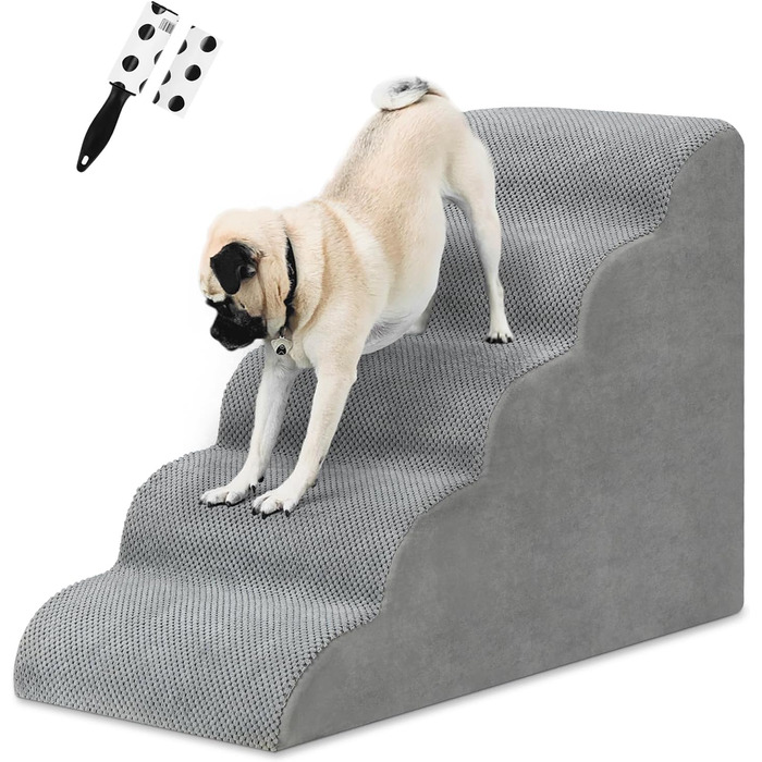 LIANTRAL Dog Stairs, 3 Steps Dog Staircase for Bed and Sofa, Made of High-Density Sponge, Cat Stairs Dog Ramp with Removable, Washable Cover and Pet Hair Remover Roller, 40 cm High (5 Steps Grey)