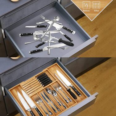 VaeFae Bamboo Cutlery Box for Drawers, Expandable Drawer Organizer Kitchen, Cutlery Insert for Drawers with Knife Block, Adjustable Wooden Cutlery Box