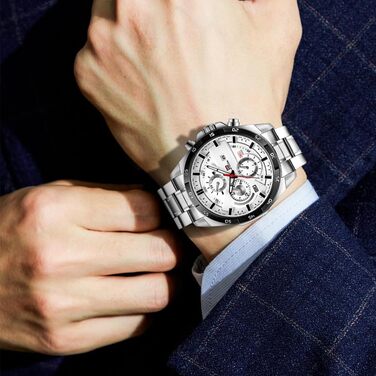 Годинник чоловічий OFFCUP: аналоговий кварцовий хронограф з водонепроникним браслетом з нержавіючої сталі. З датою, для повсякденного та ділового стилю. Ідеальний подарунок (чорний та білий)