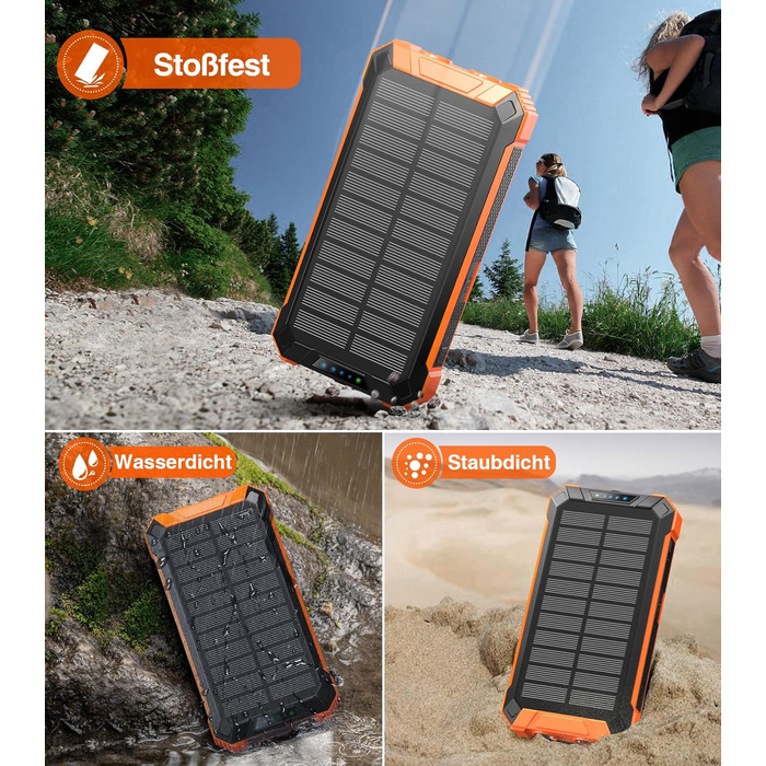 Power Bank Solar GOODaaa 26800mAh з 6 виходами, 4 входами, 15W, для мобільних пристроїв, з ліхтариком та карабіном (Оранжевий)