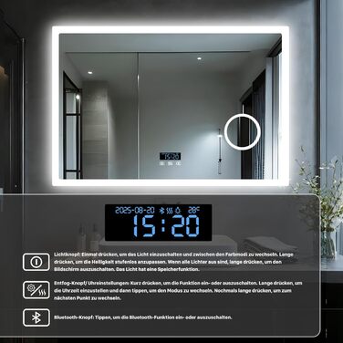 Дзеркало для ванної кімнати LUVODI з підсвічуванням 100x70 см: годинник, температура, дата, проти запотівання, регулювання яскравості, 3 кольори світла, функція пам'яті, LED, Bluetooth, збільшення 3x