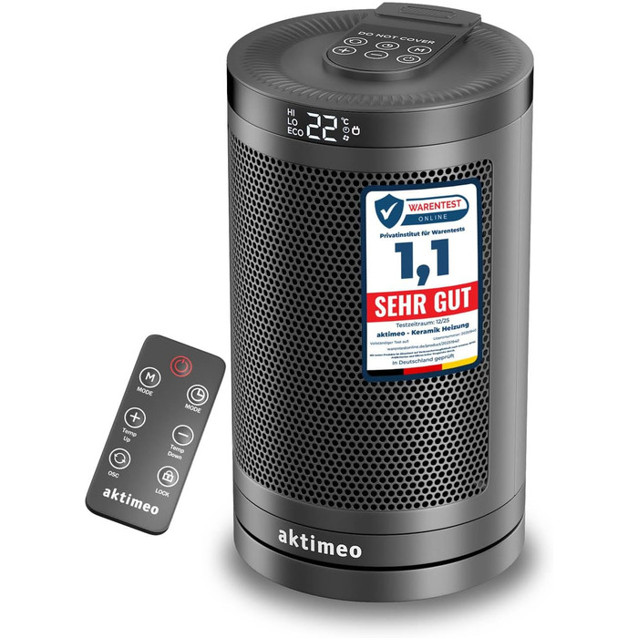 Електричний обігрівач з керамічним нагрівачем, 1500 Вт, з термостатом, захистом від перегріву, перекидання та для дітей, таймер 12 год, з пультом дистанційного керування (чорний, преміум)