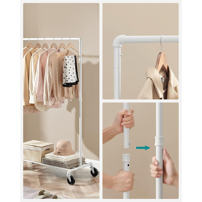 SONGMICS Clothes Rack, Garment Rod, with Wheels, Load Capacity up to 90 kg, Coat Rack with 1 Garment Rod and Shelf, Industrial Design, for Bedroom, Laundry Room, HSR61BK (White)