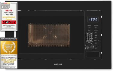 Вбудована мікрохвильова піч Exquisit EMW20-DG-020 | 800 Вт, 1000 Вт гриль, 8 програм, діаметр 27 см, нержавіюча сталь, чорний, цифровий дисплей